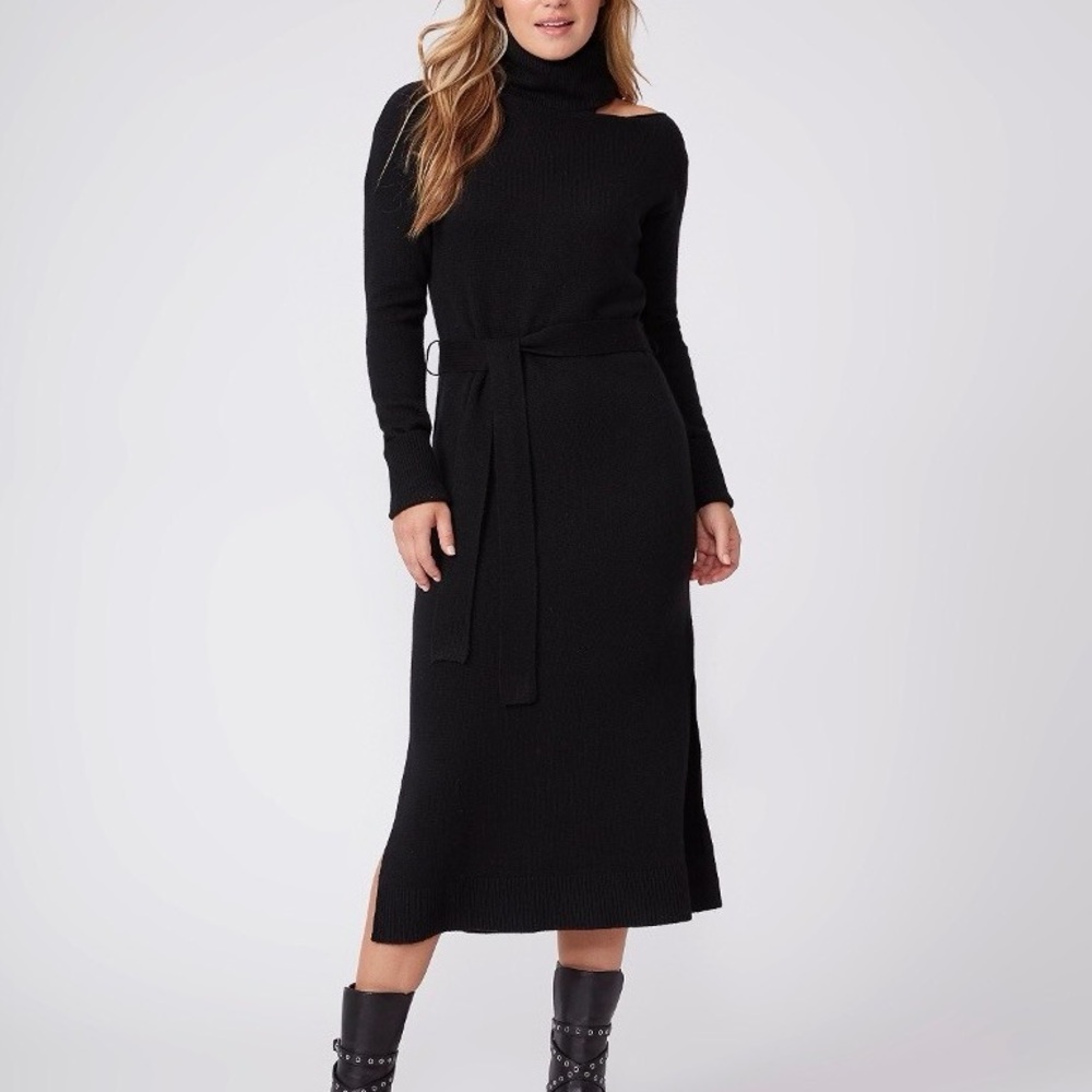 NWT PAIGE wool blend Raundi open shoulder black turtleneck sweater dress size XS